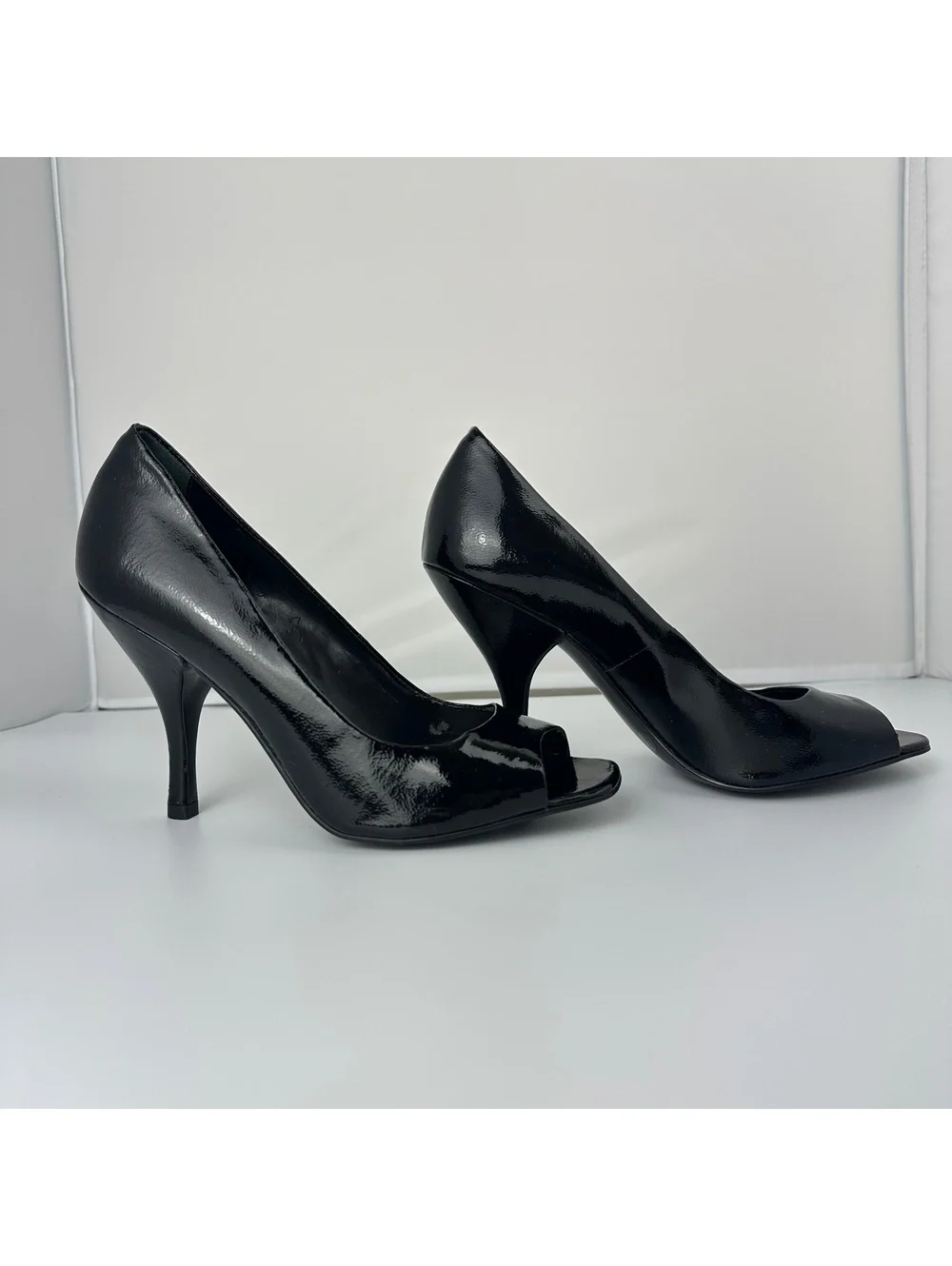 BCBGirls Black Patent Leather Peep Toe Stiletto Pumps – Classic Dress Heels 7